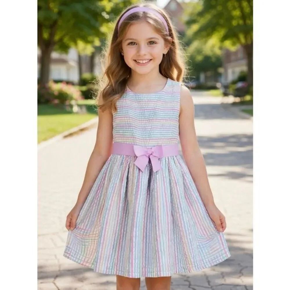 Bonnie Jean Girls Pastel Stripe Dress Size 10 Sleeveless Easter Party Bow Waist